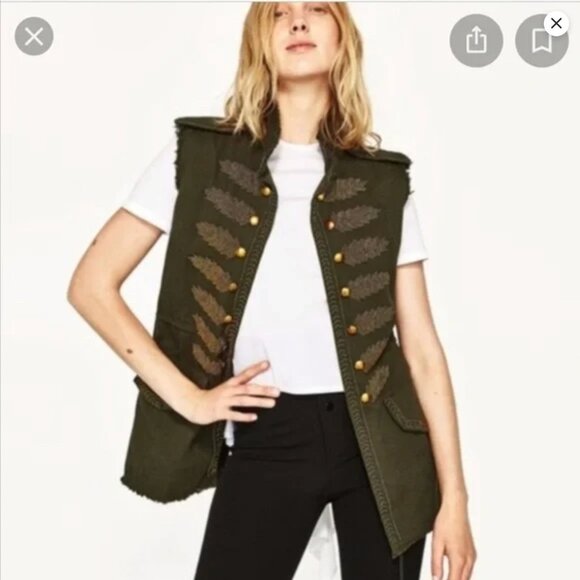 Zara Gold Beaded Military Vest, NWT, Olive Green, Size XS - Picture 2 of 13